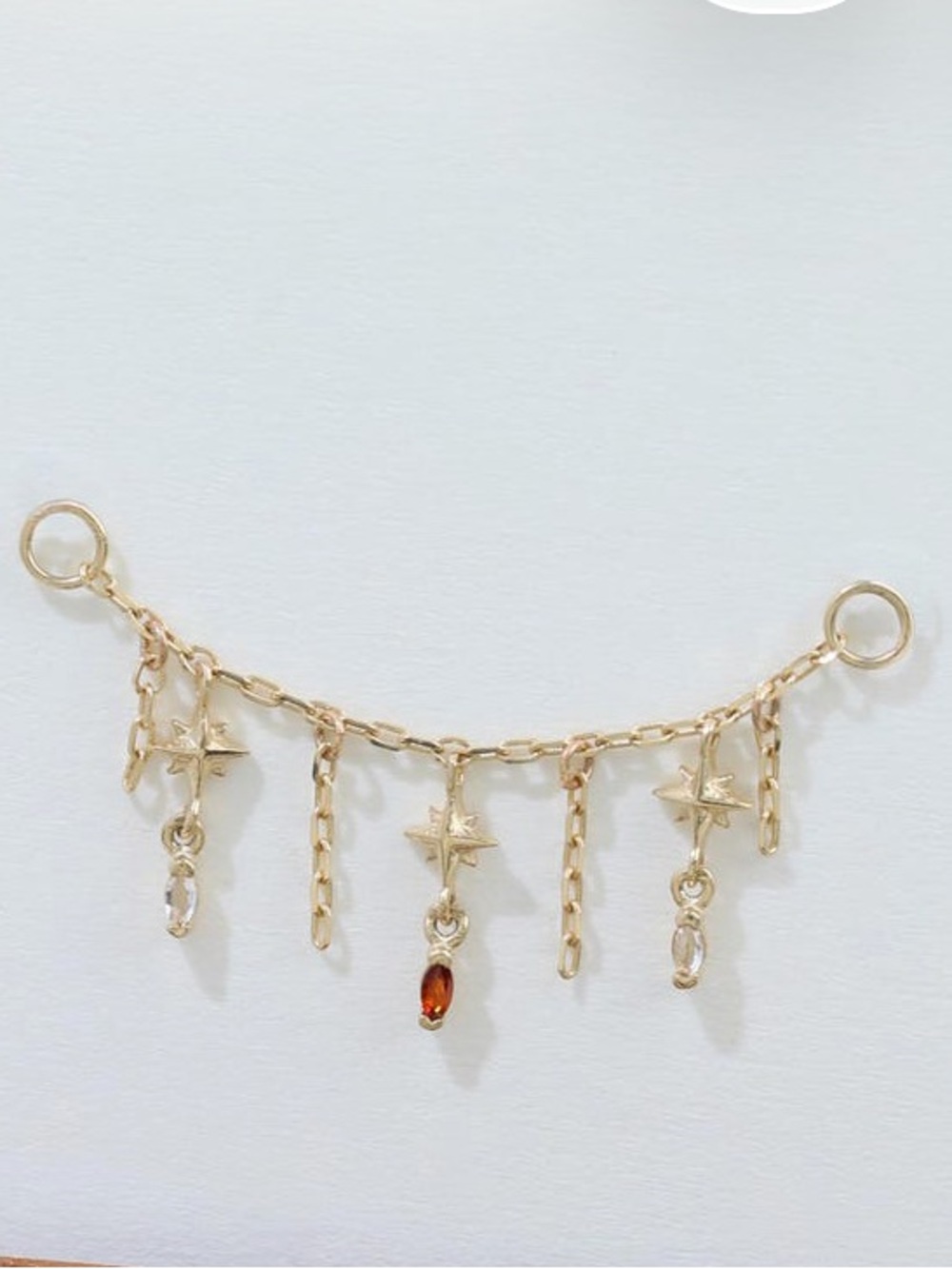 14K Solid Gold Garnet White Topaz Star Dangle Chain Earring Celestial